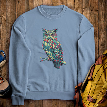 Horned Owl Mosaic Crewneck Sweatshirt Stone Blue Adventure and Outdoors Themed Sweatshirt