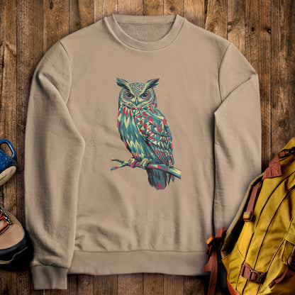 Horned Owl Mosaic Crewneck Sweatshirt Sand Adventure and Outdoors Themed Sweatshirt