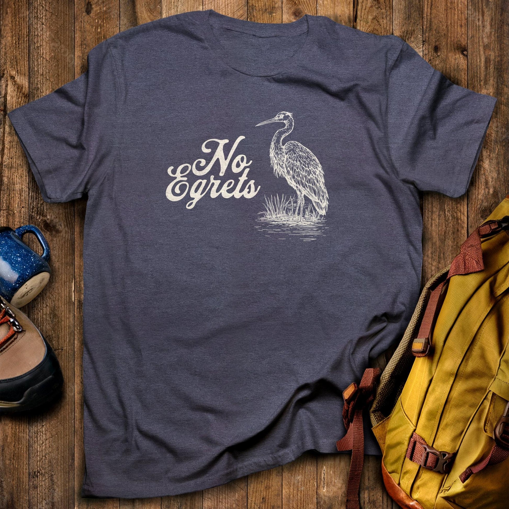 No Egrets T-Shirt Heather Navy Adventure and Outdoors Themed T-Shirt