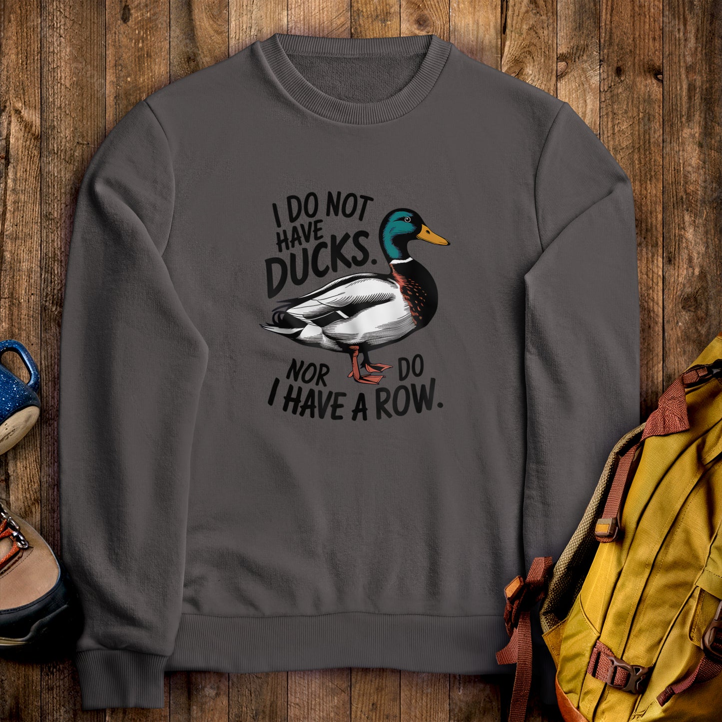 Ducks in a Row Crewneck Sweatshirt Charcoal Adventure and Outdoors Themed Sweatshirt