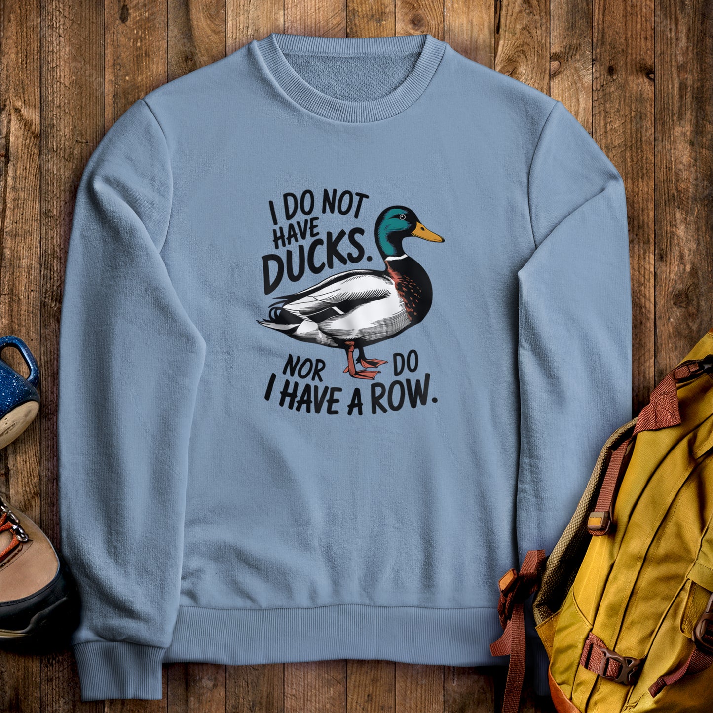 Ducks in a Row Crewneck Sweatshirt Stone Blue Adventure and Outdoors Themed Sweatshirt