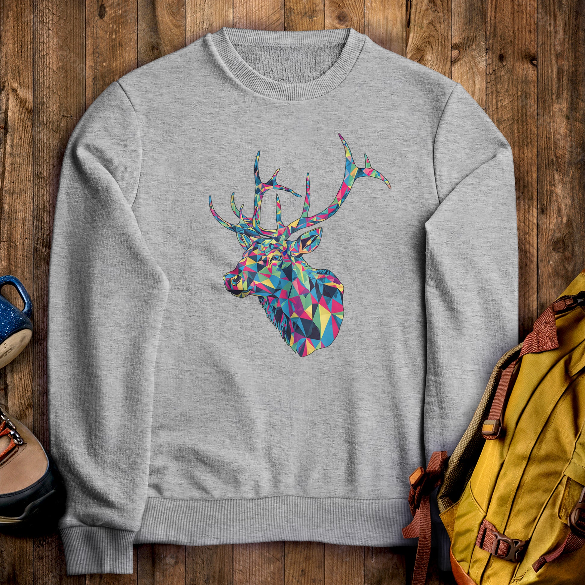 Elk Mosaic Crewneck Sweatshirt Sport Grey Adventure and Outdoors Themed Sweatshirt