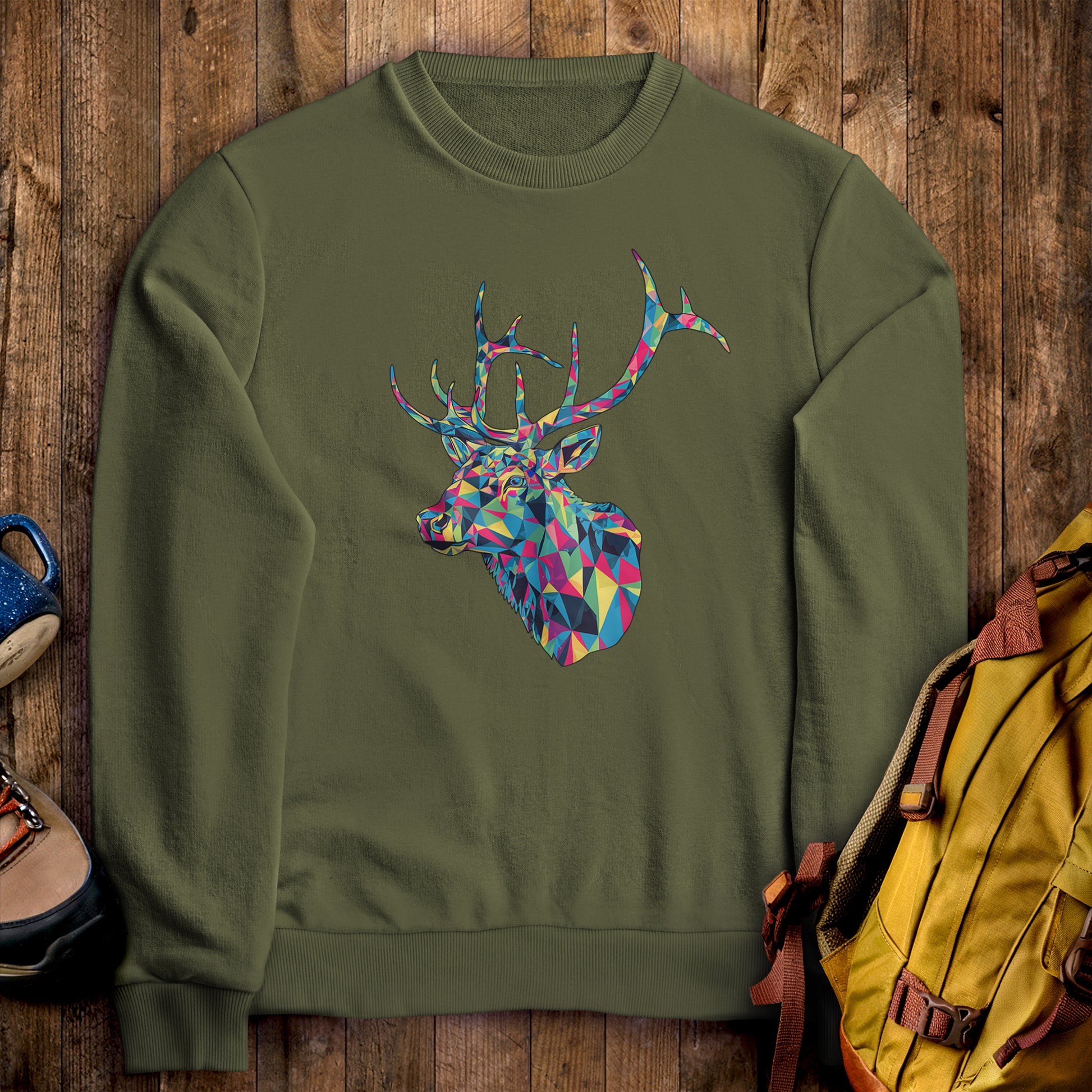Elk Mosaic Crewneck Sweatshirt Military Green Adventure and Outdoors Themed Sweatshirt