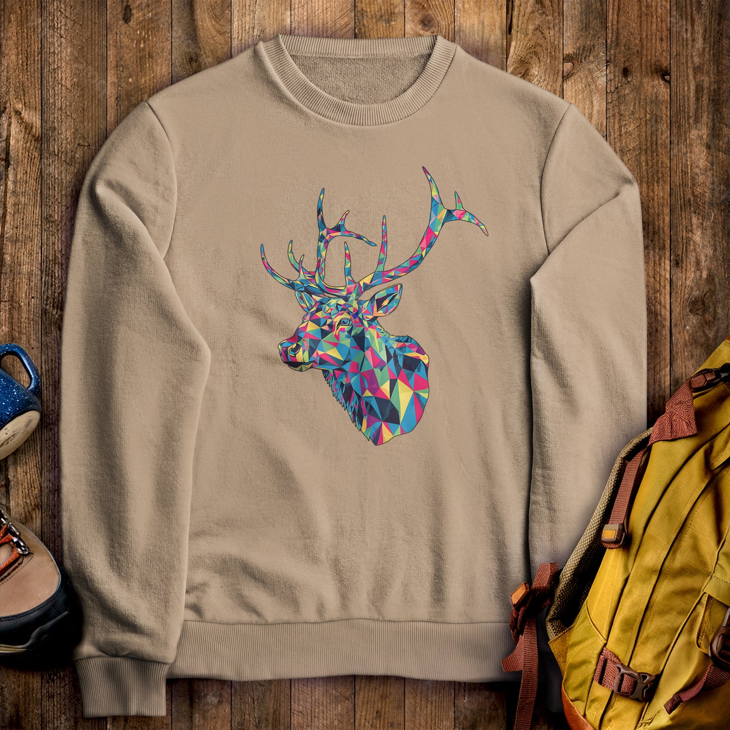 Elk Mosaic Crewneck Sweatshirt Sand Adventure and Outdoors Themed Sweatshirt