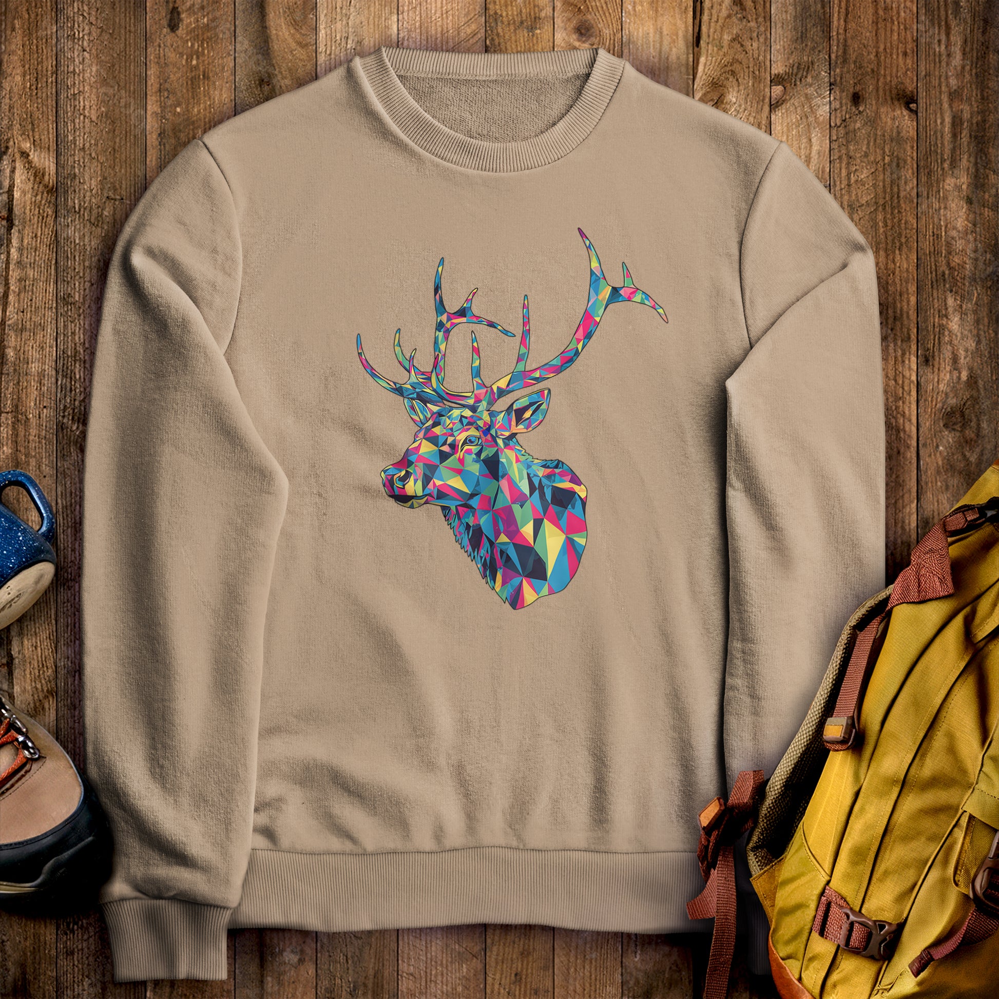 Elk Mosaic Crewneck Sweatshirt Sand Adventure and Outdoors Themed Sweatshirt
