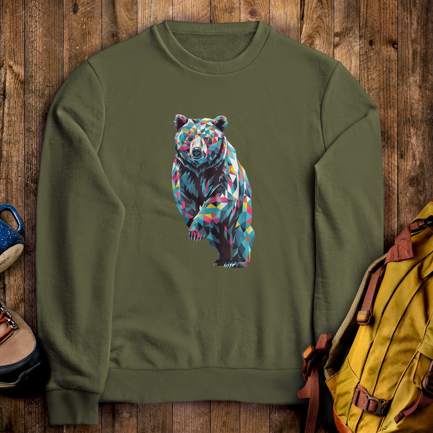 Bear Mosaic Crewneck Sweatshirt Military Green Adventure and Outdoors Themed Sweatshirt