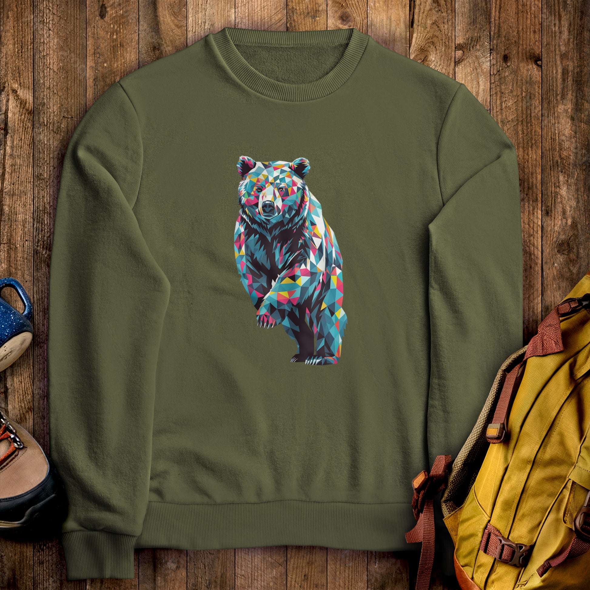 Bear Mosaic Crewneck Sweatshirt Military Green Adventure and Outdoors Themed Sweatshirt