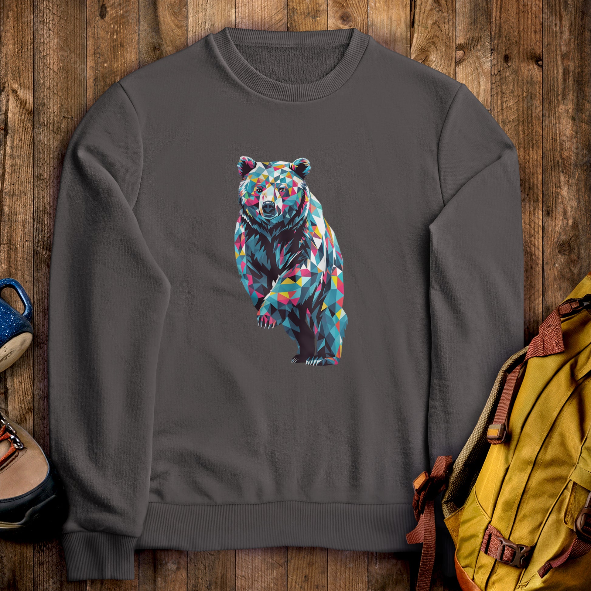 Bear Mosaic Crewneck Sweatshirt Charcoal Adventure and Outdoors Themed Sweatshirt