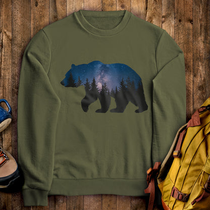 Bear Night Silhouette Crewneck Sweatshirt Military Green Adventure and Outdoors Themed Sweatshirt