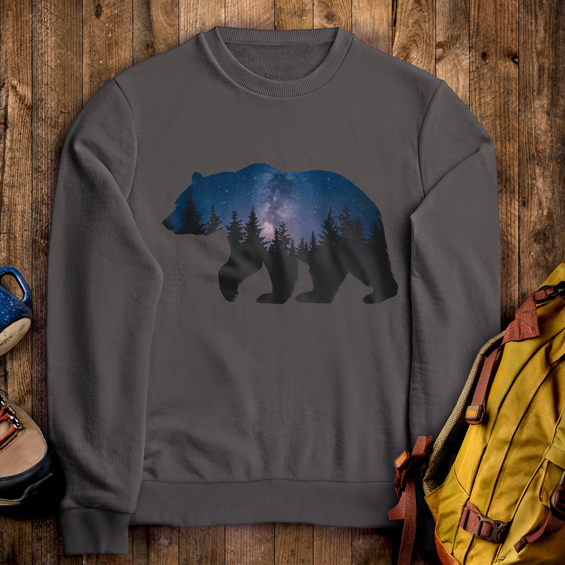 Bear Night Silhouette Crewneck Sweatshirt Charcoal Adventure and Outdoors Themed Sweatshirt