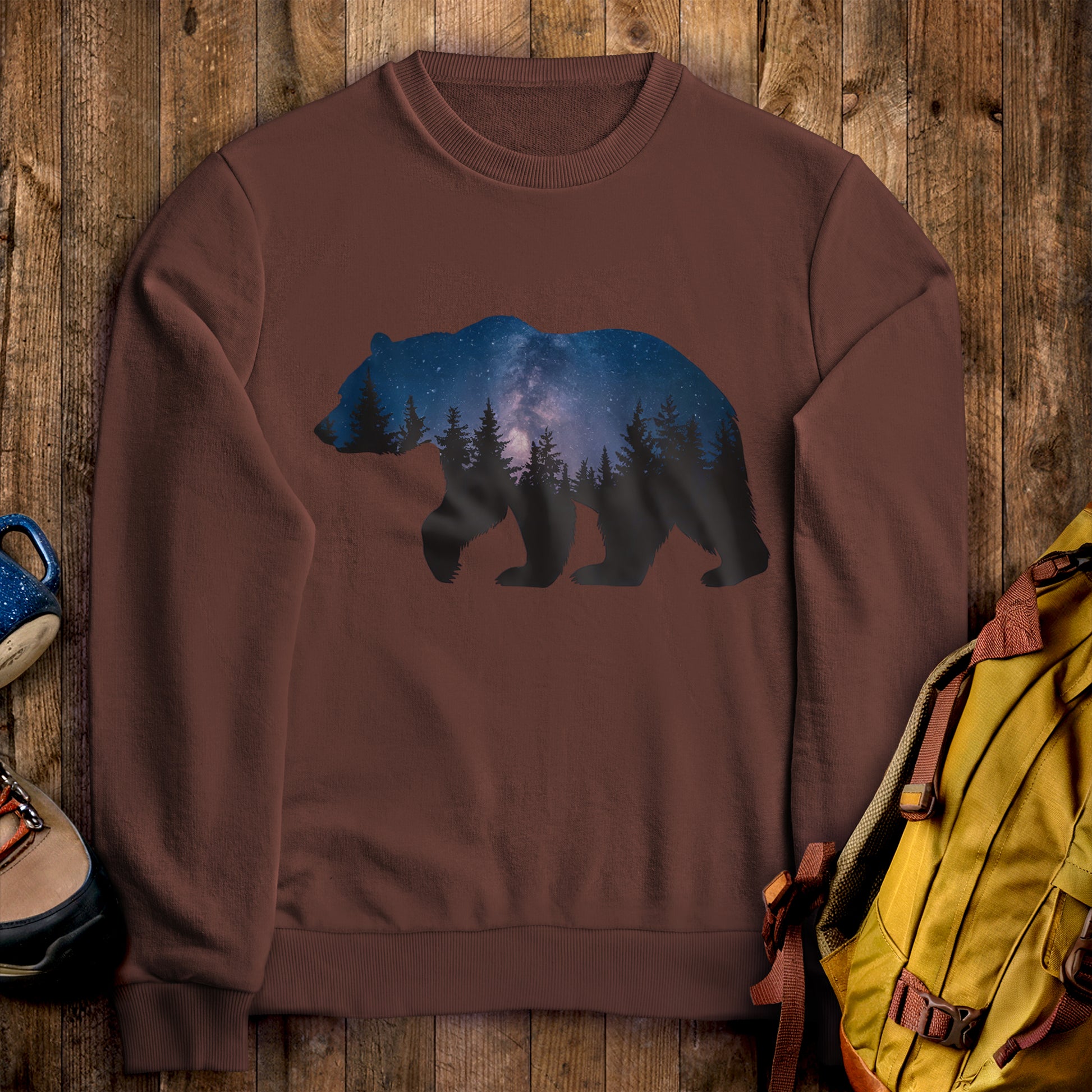 Bear Night Silhouette Crewneck Sweatshirt Cocoa Adventure and Outdoors Themed Sweatshirt