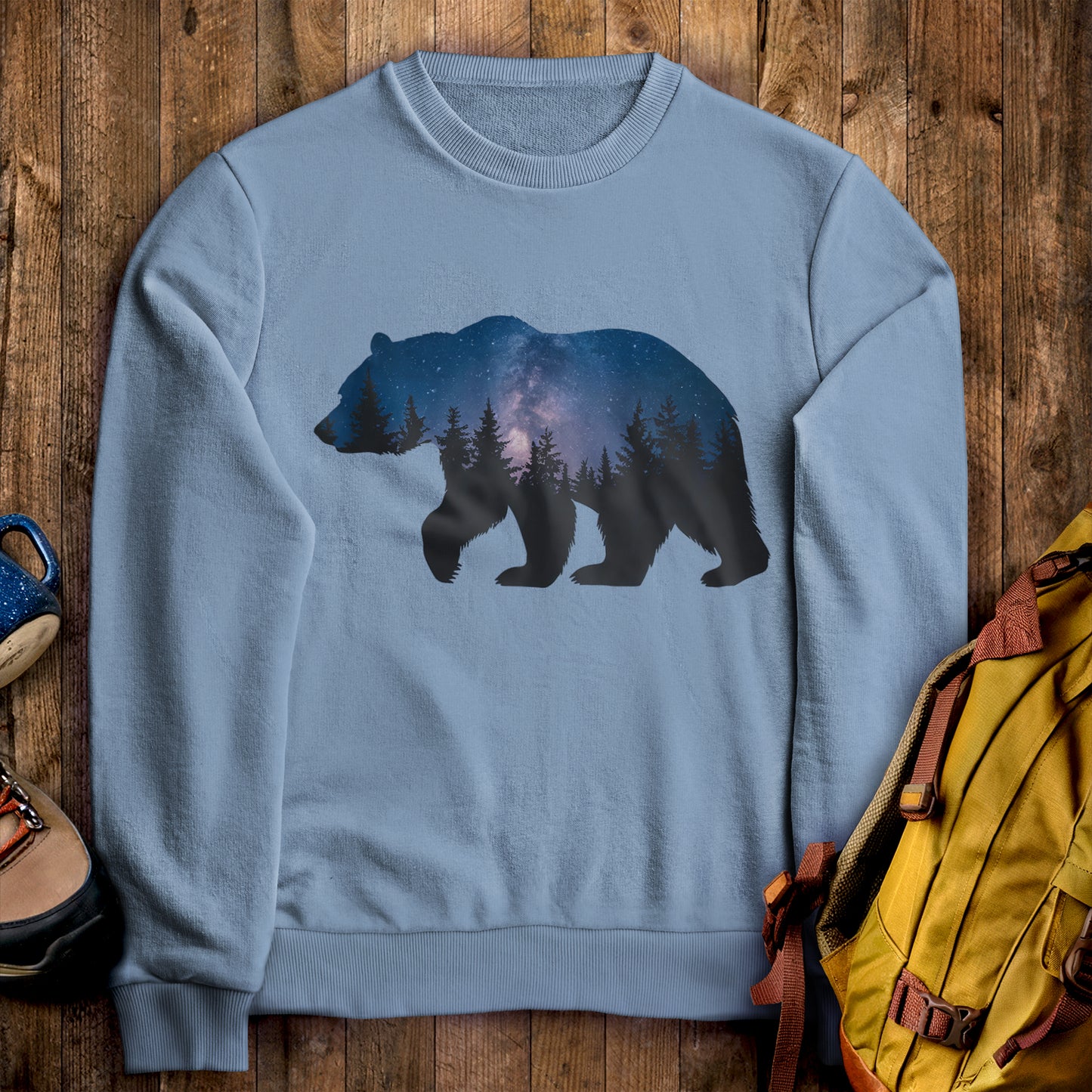 Bear Night Silhouette Crewneck Sweatshirt Stone Blue Adventure and Outdoors Themed Sweatshirt