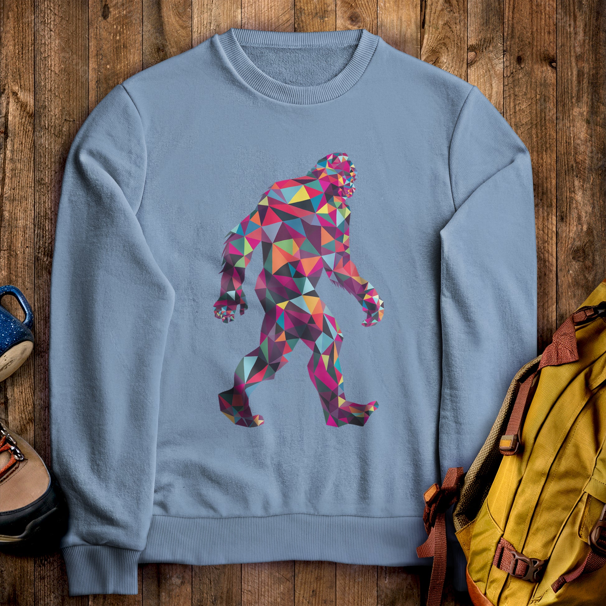 Sasquatch Mosaic Crewneck Sweatshirt Stone Blue Adventure and Outdoors Themed Sweatshirt