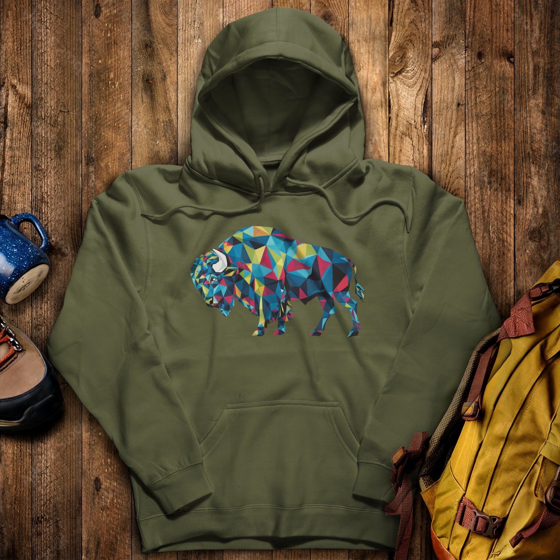 Buffalo Mosaic Hoodie Military Green Adventure and Outdoors Themed Hoodie