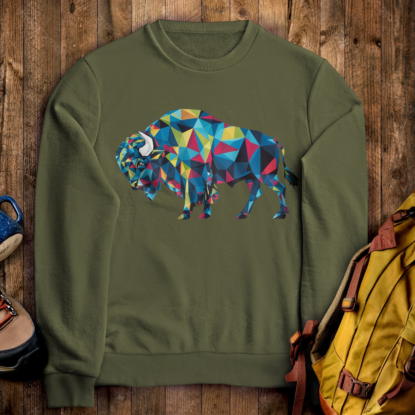 Buffalo Mosaic Crewneck Sweatshirt Military Green Adventure and Outdoors Themed Sweatshirt
