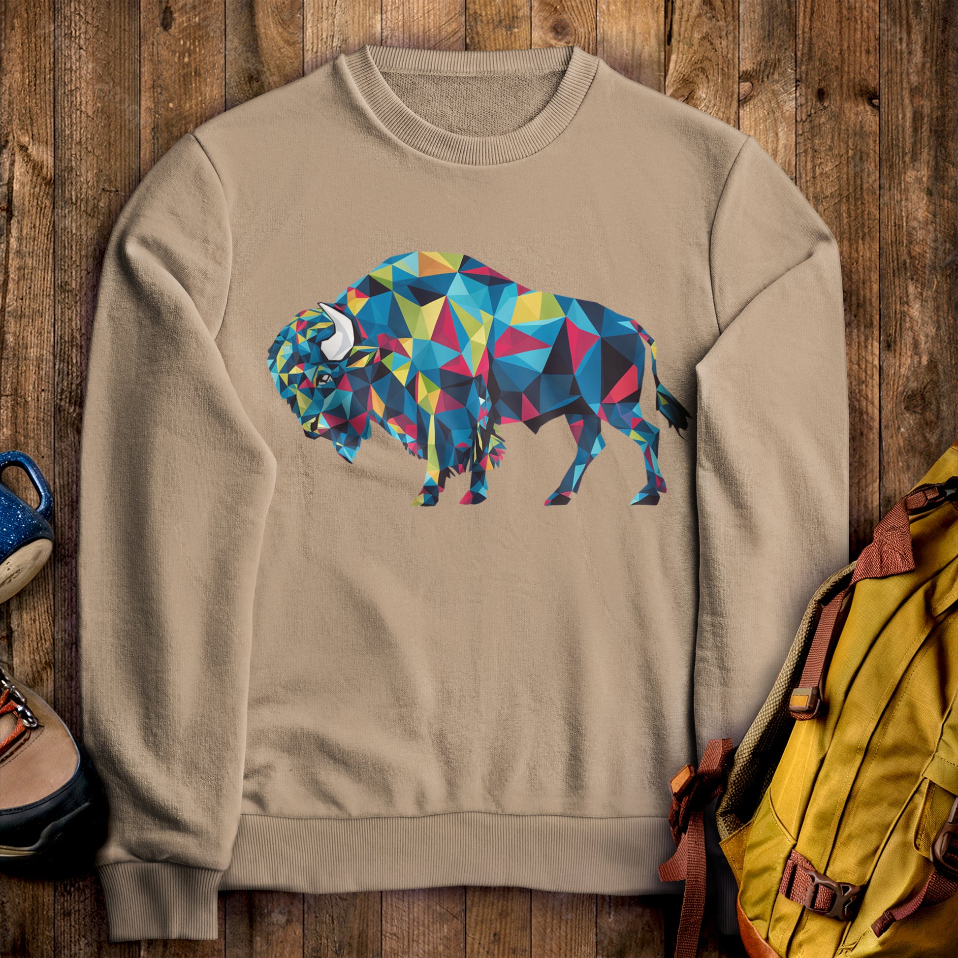 Buffalo Mosaic Crewneck Sweatshirt Sand Adventure and Outdoors Themed Sweatshirt