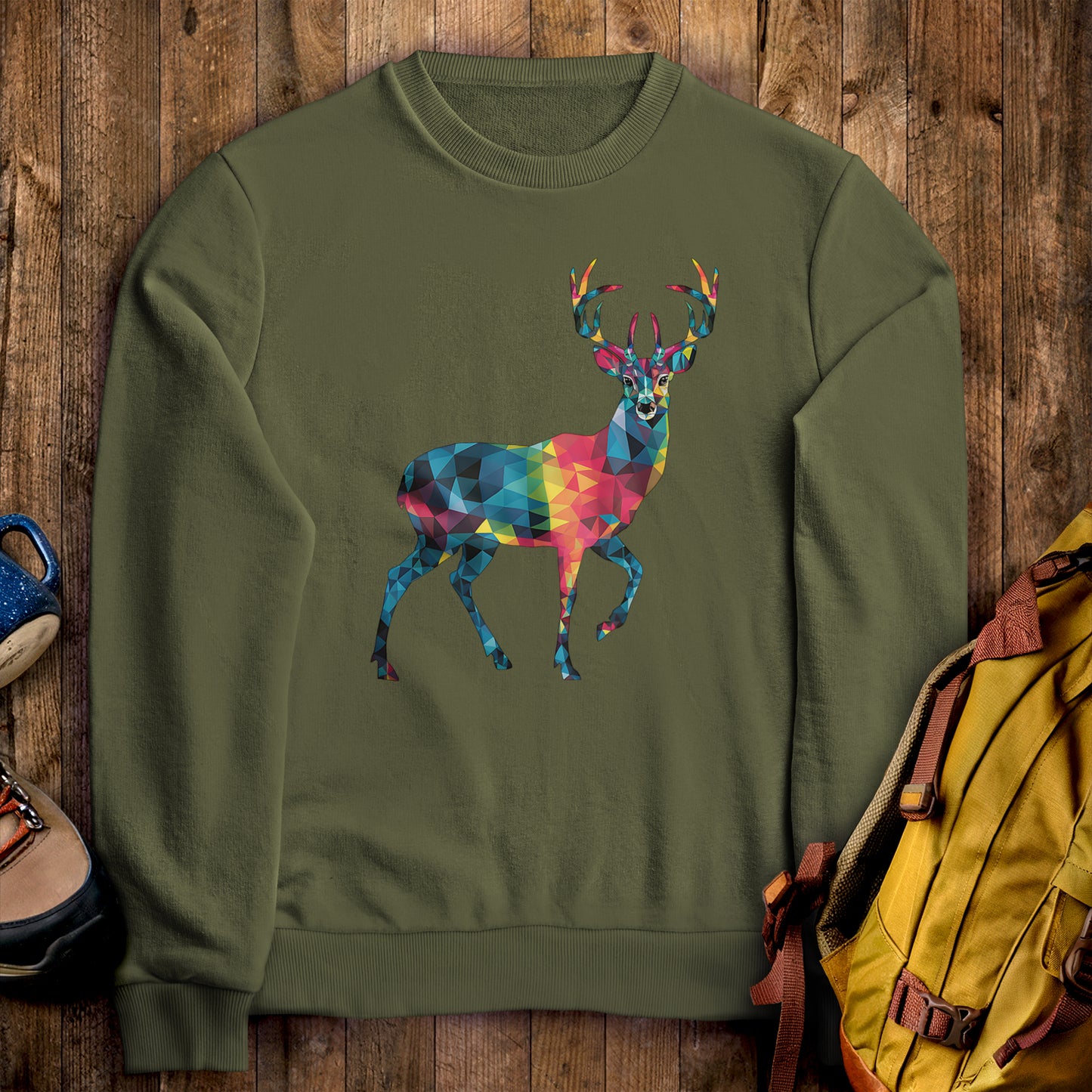 Deer Mosaic Crewneck Sweatshirt Military Green Adventure and Outdoors Themed Sweatshirt