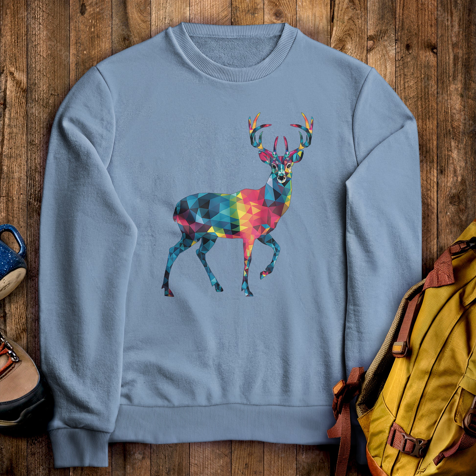 Deer Mosaic Crewneck Sweatshirt Stone Blue Adventure and Outdoors Themed Sweatshirt