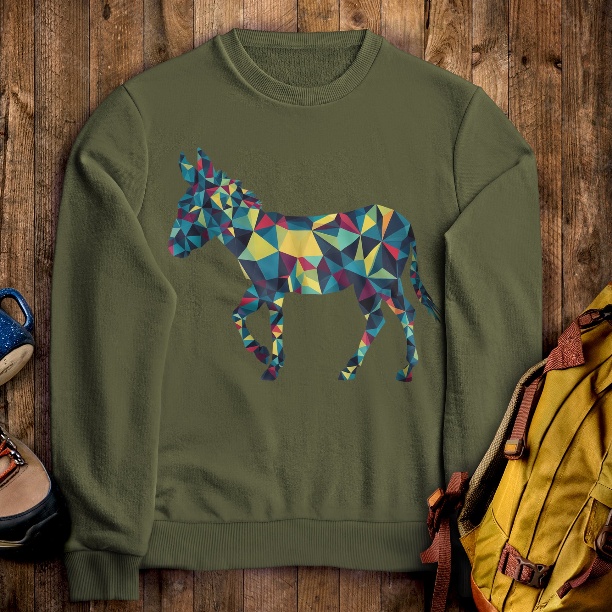 Wild Burro Mosaic Crewneck Sweatshirt Military Green Adventure and Outdoors Themed Sweatshirt