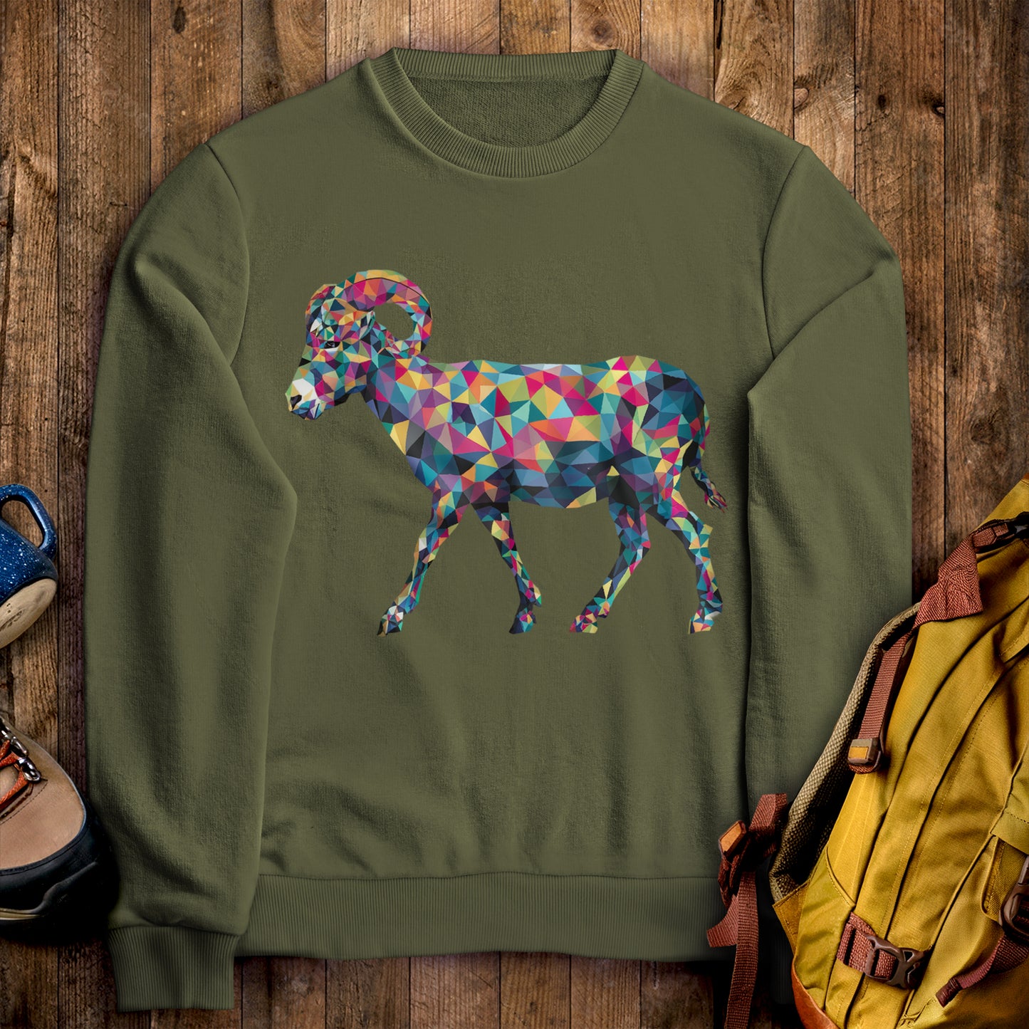 Ram Mosaic Crewneck Sweatshirt Military Green Adventure and Outdoors Themed Sweatshirt