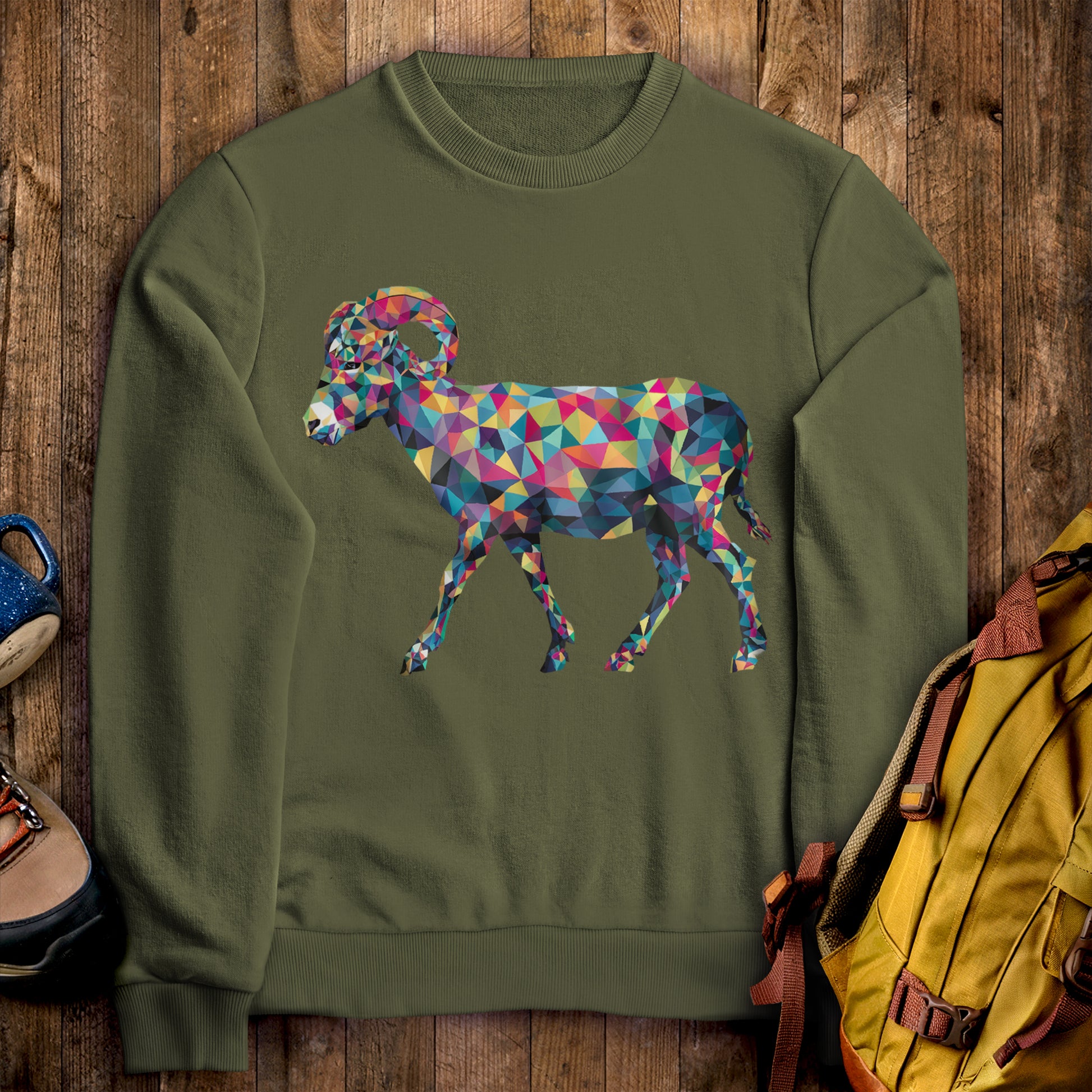 Ram Mosaic Crewneck Sweatshirt Military Green Adventure and Outdoors Themed Sweatshirt