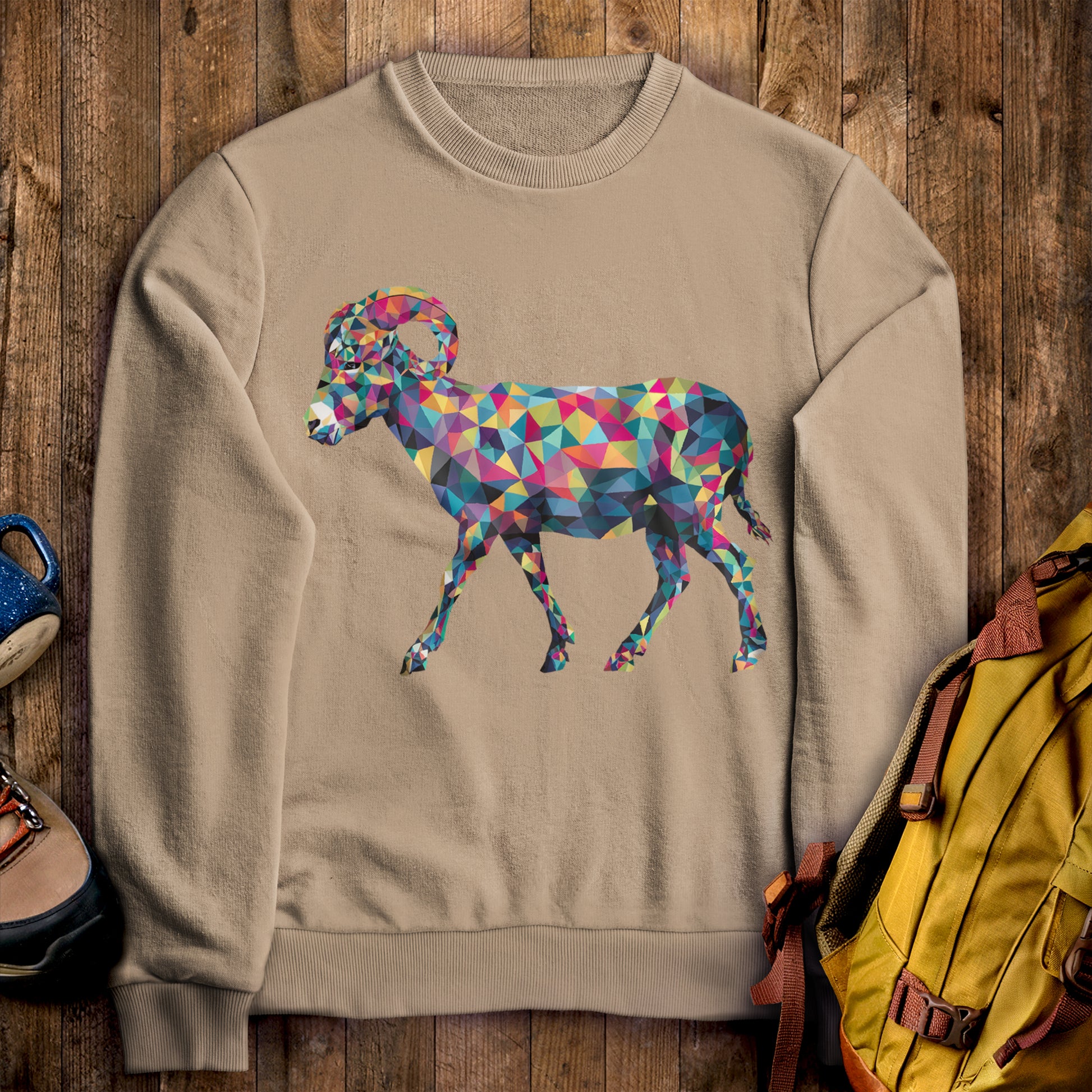 Ram Mosaic Crewneck Sweatshirt Sand Adventure and Outdoors Themed Sweatshirt