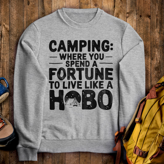 Spend a Fortune Camping Crewneck Sweatshirt Sport Grey Adventure and Outdoors Themed Sweatshirt