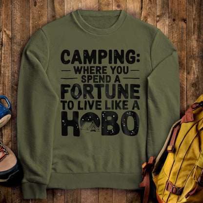 Spend a Fortune Camping Crewneck Sweatshirt Military Green Adventure and Outdoors Themed Sweatshirt