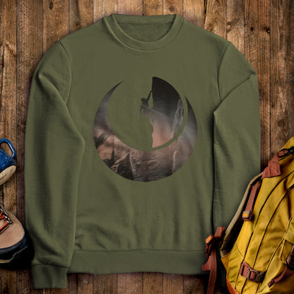 Rock Climber Silhouette Crewneck Sweatshirt Military Green Adventure and Outdoors Themed Sweatshirt