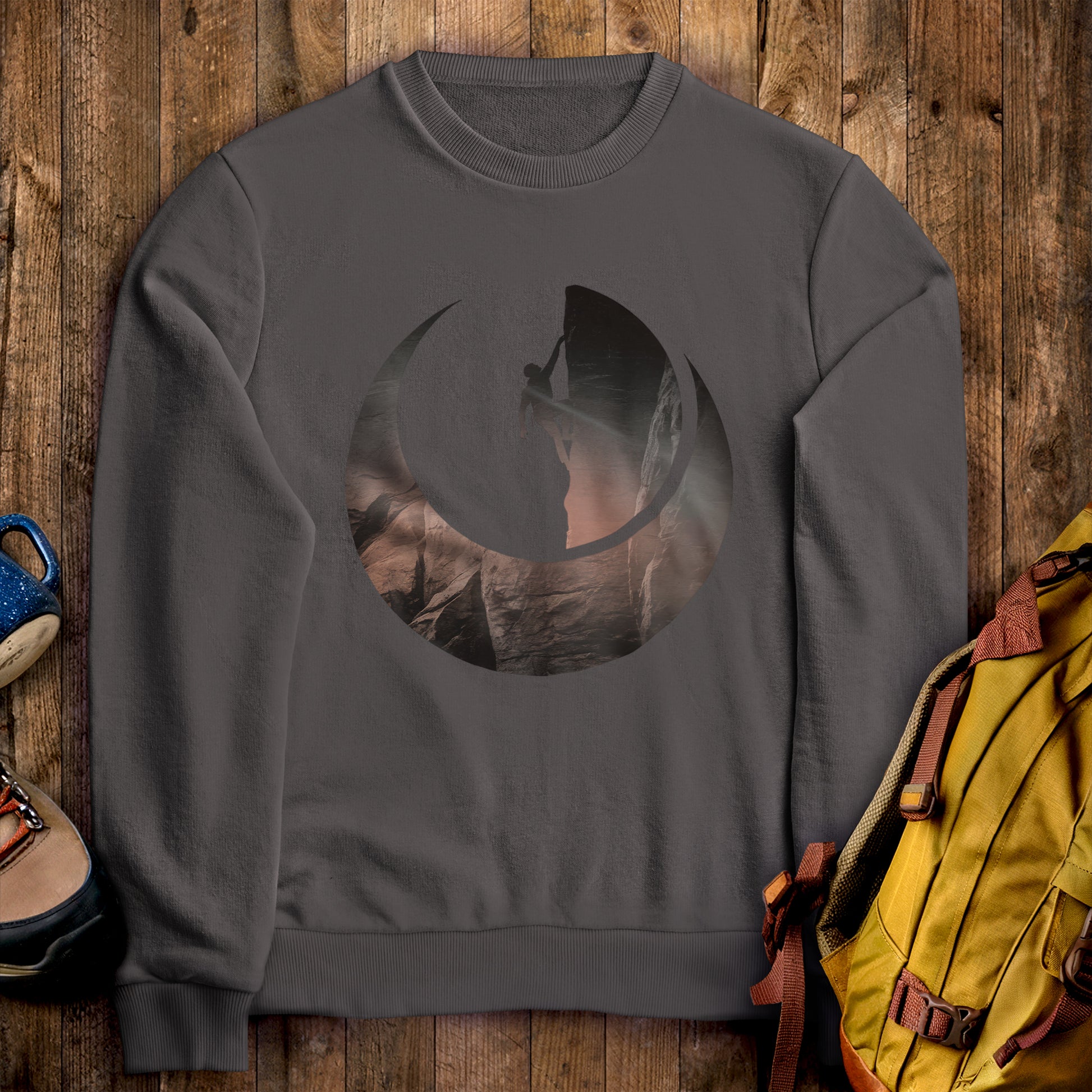 Rock Climber Silhouette Crewneck Sweatshirt Charcoal Adventure and Outdoors Themed Sweatshirt