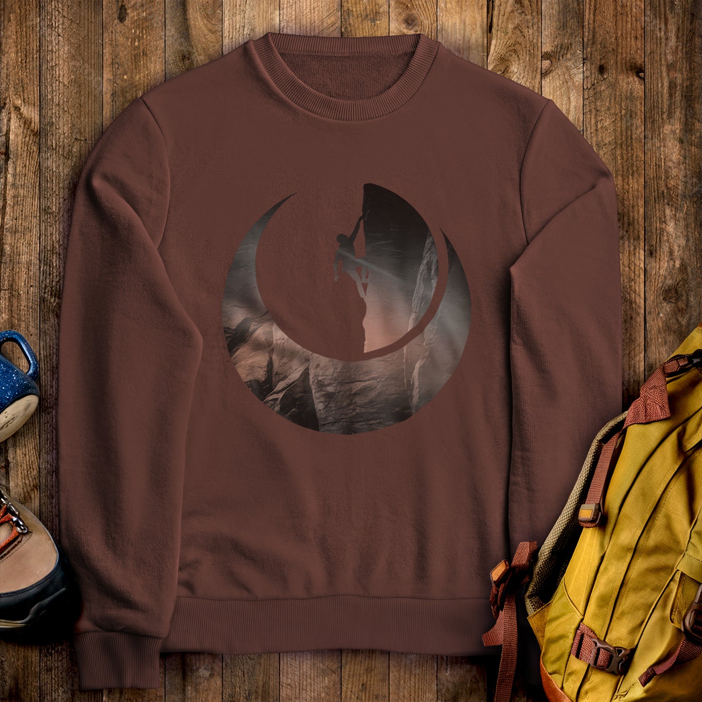 Rock Climber Silhouette Crewneck Sweatshirt Cocoa Adventure and Outdoors Themed Sweatshirt