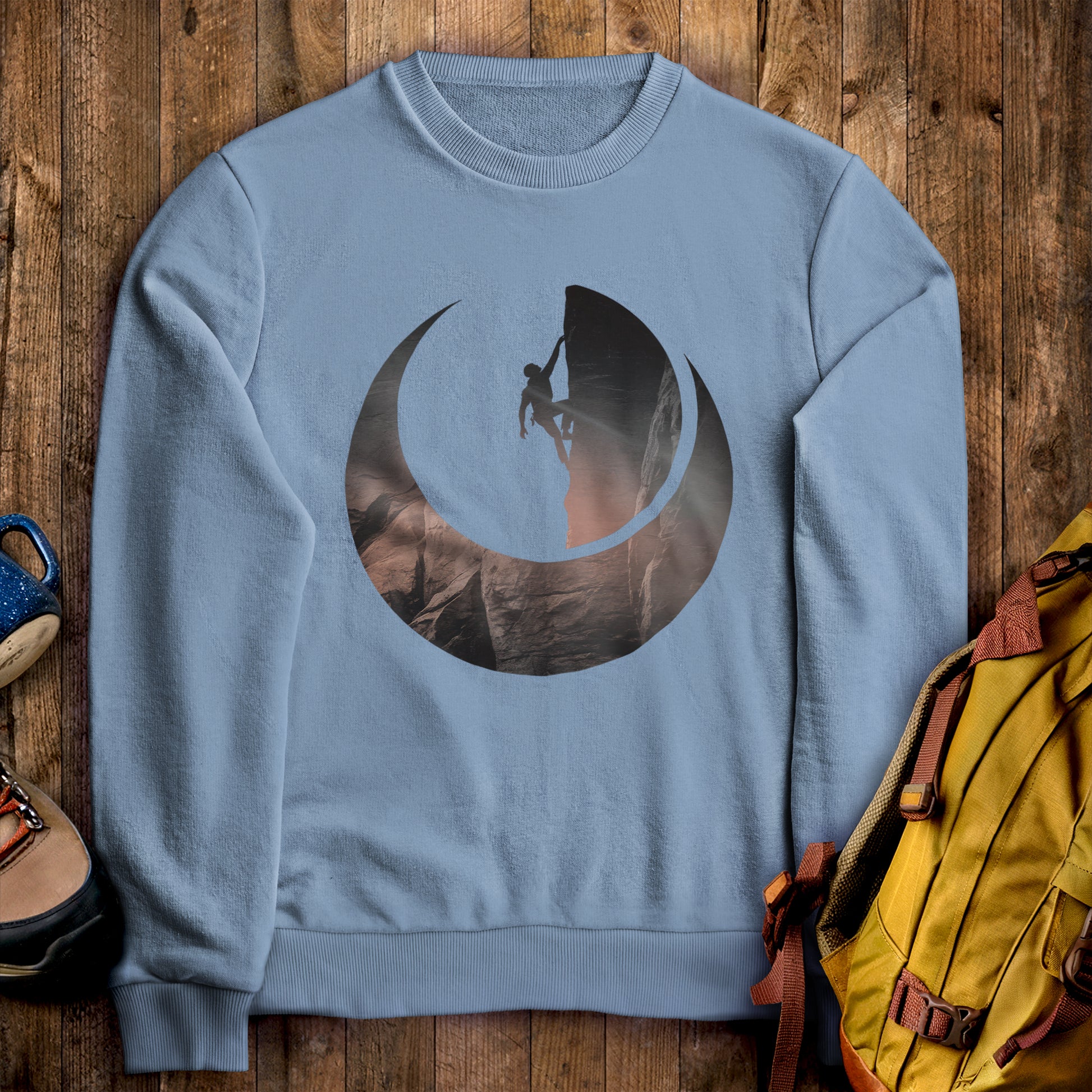 Rock Climber Silhouette Crewneck Sweatshirt Stone Blue Adventure and Outdoors Themed Sweatshirt