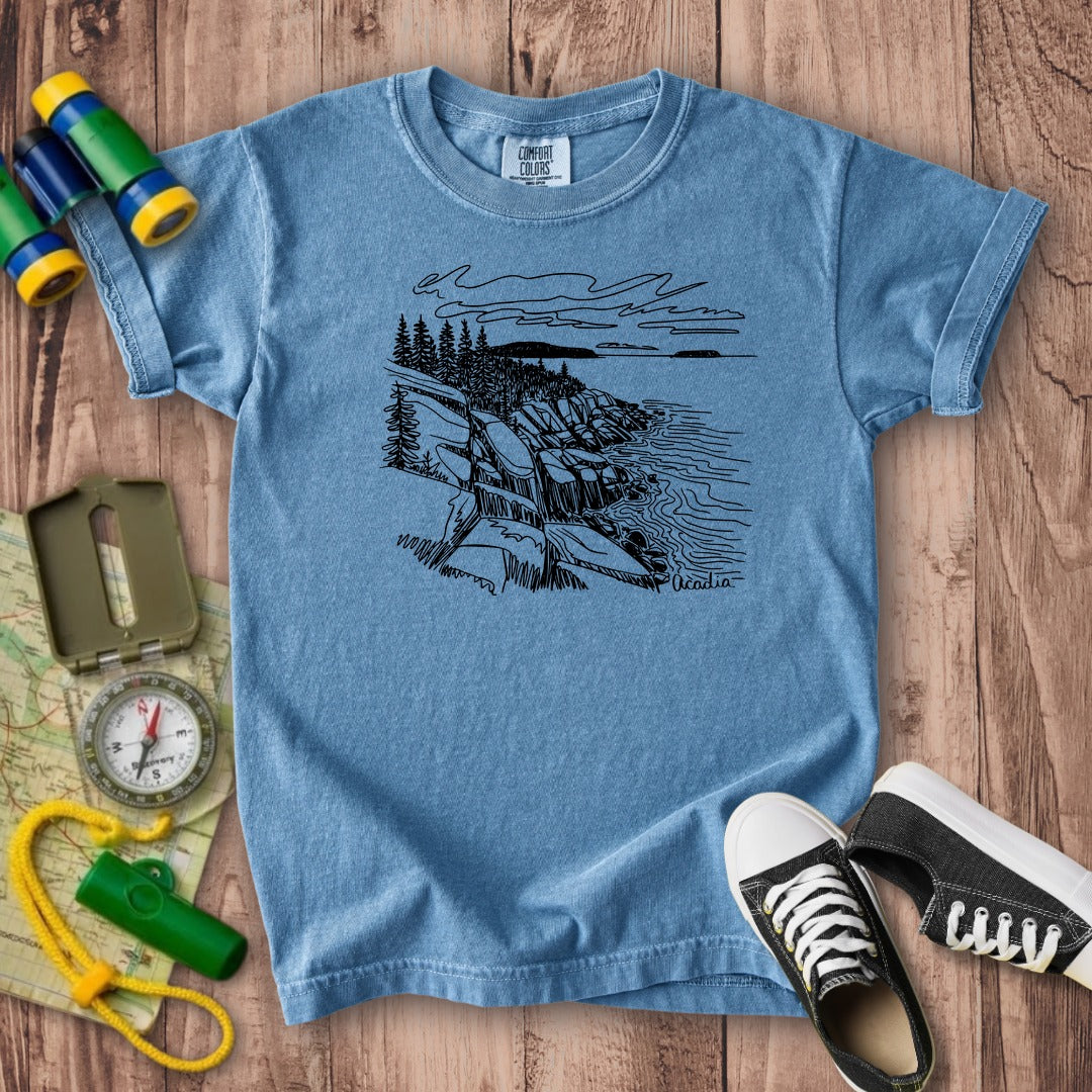 Acadia Line Drawing Kids Cotton T-Shirt
