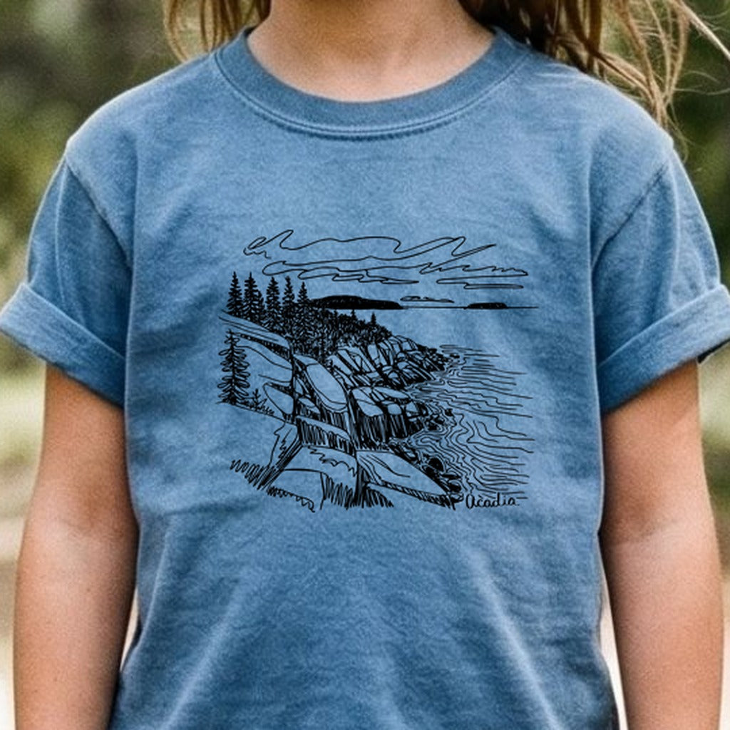 Acadia Line Drawing Kids Cotton T-Shirt