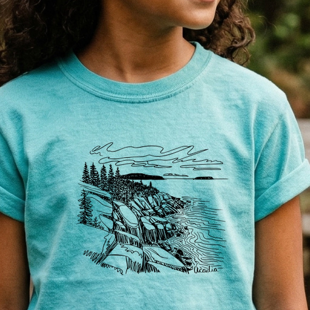 Acadia Line Drawing Kids Cotton T-Shirt