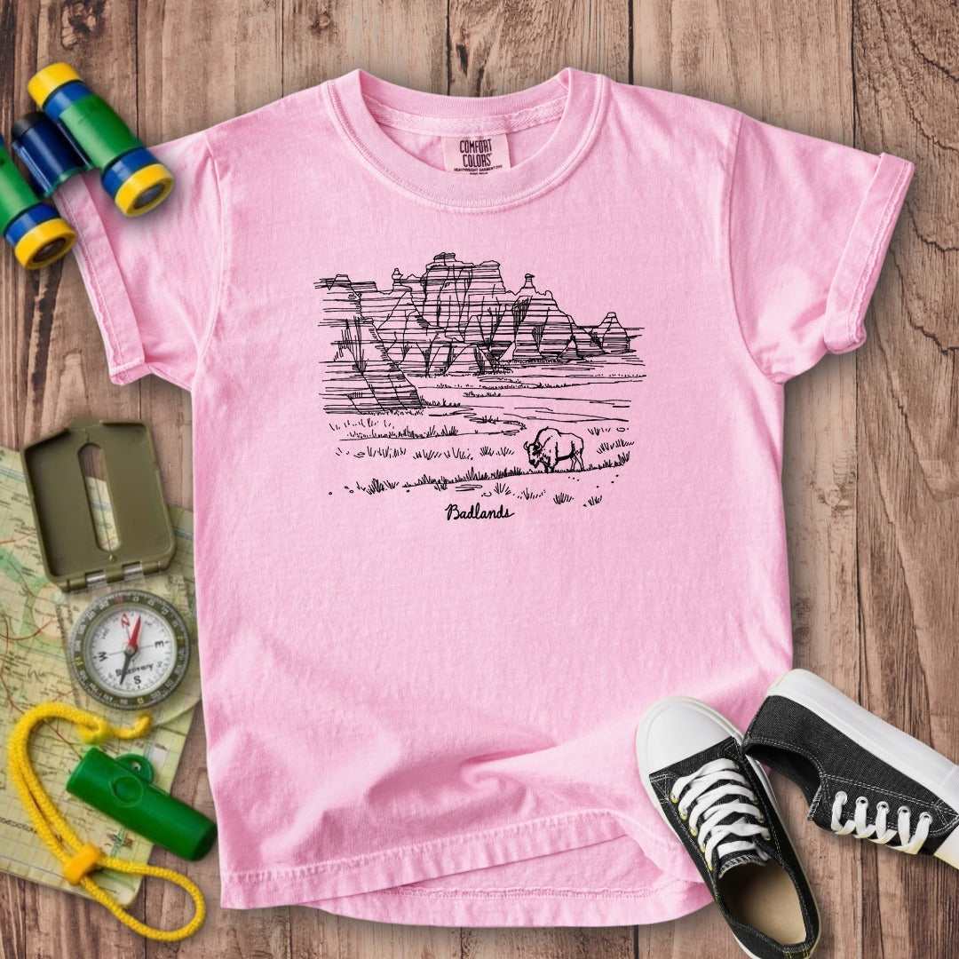 Badlands Line Drawing Kids Cotton T-Shirt