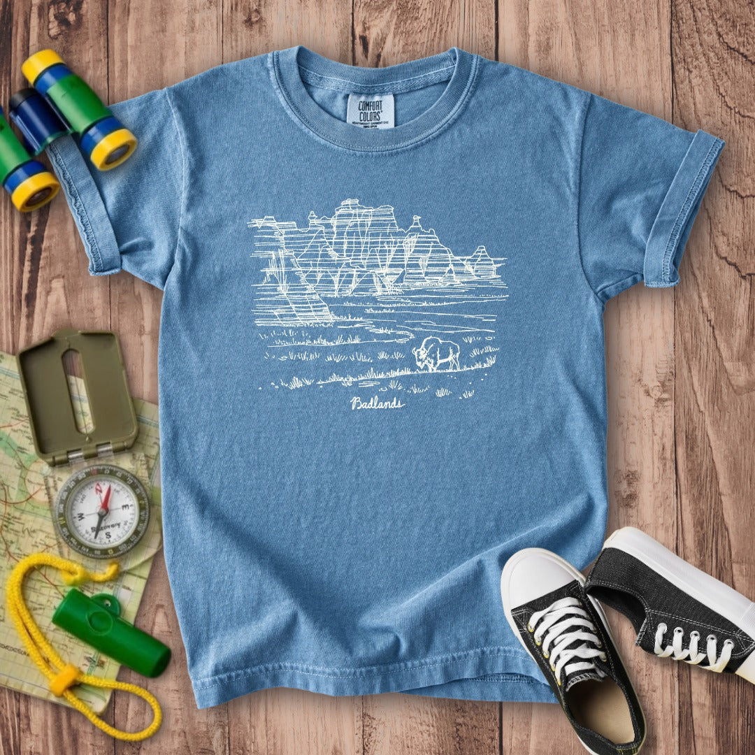 Badlands Line Drawing Kids Cotton T-Shirt