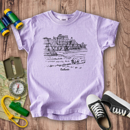 Badlands Line Drawing Kids Cotton T-Shirt