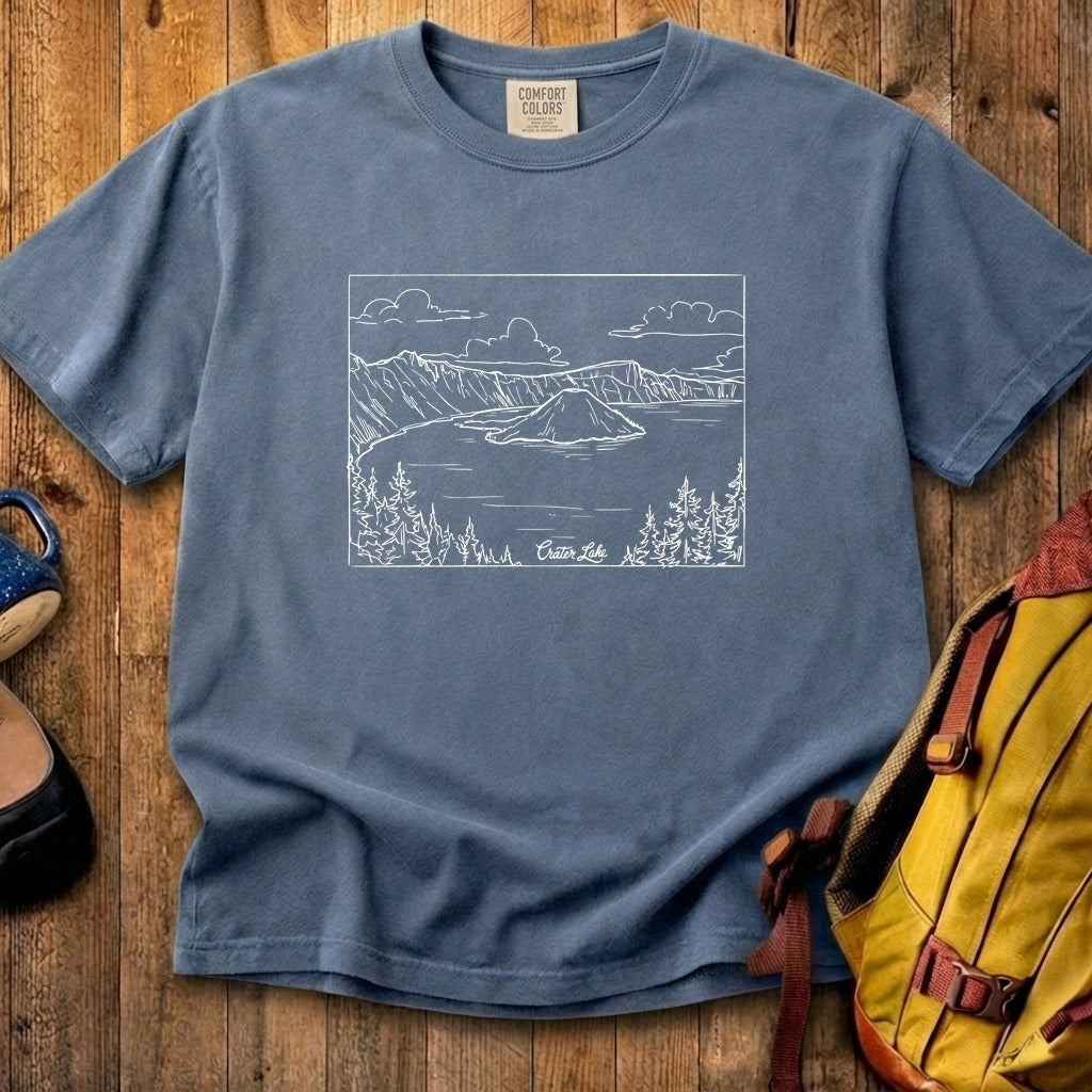 Crater Lake Line Drawing Cotton T-Shirt
