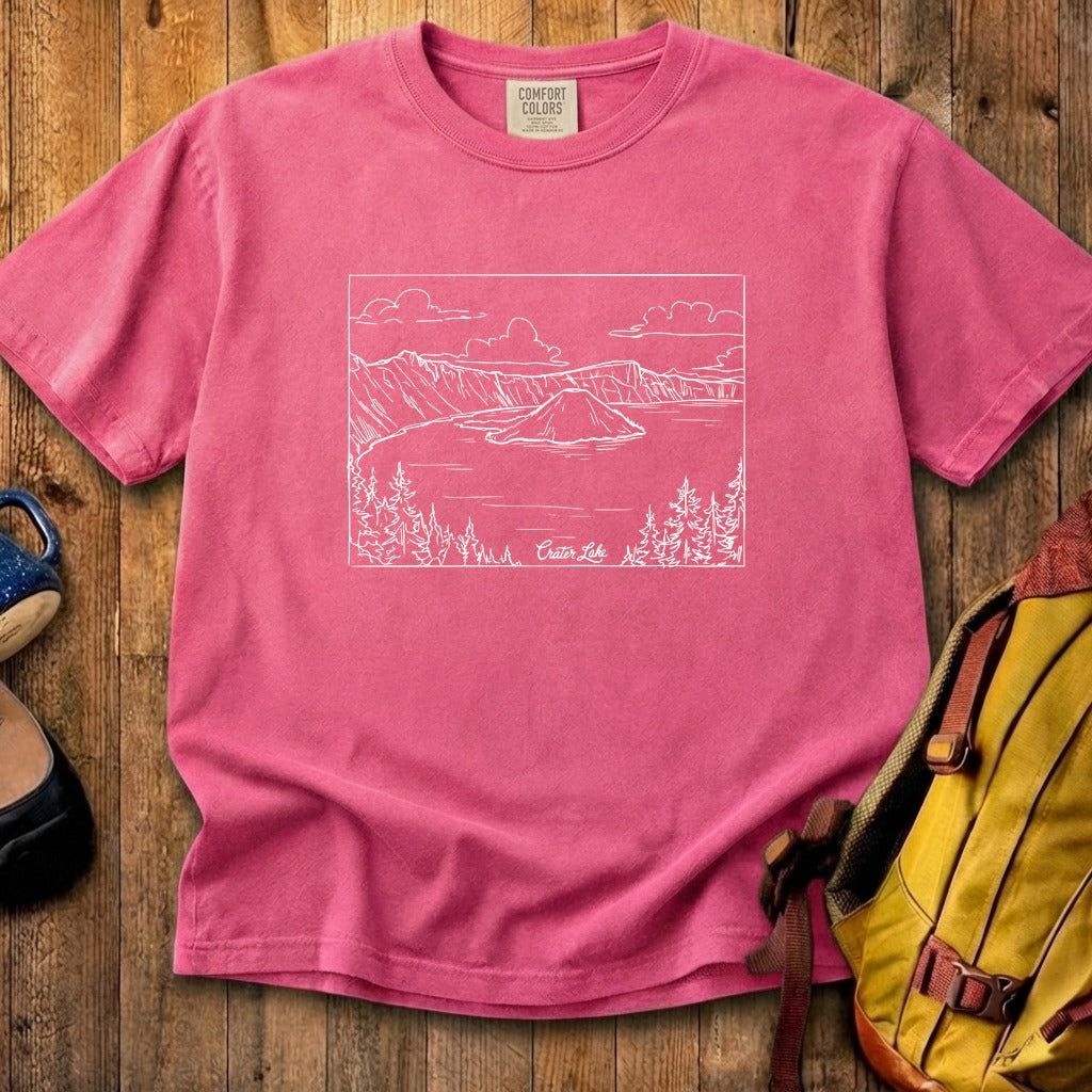 Crater Lake Line Drawing Cotton T-Shirt