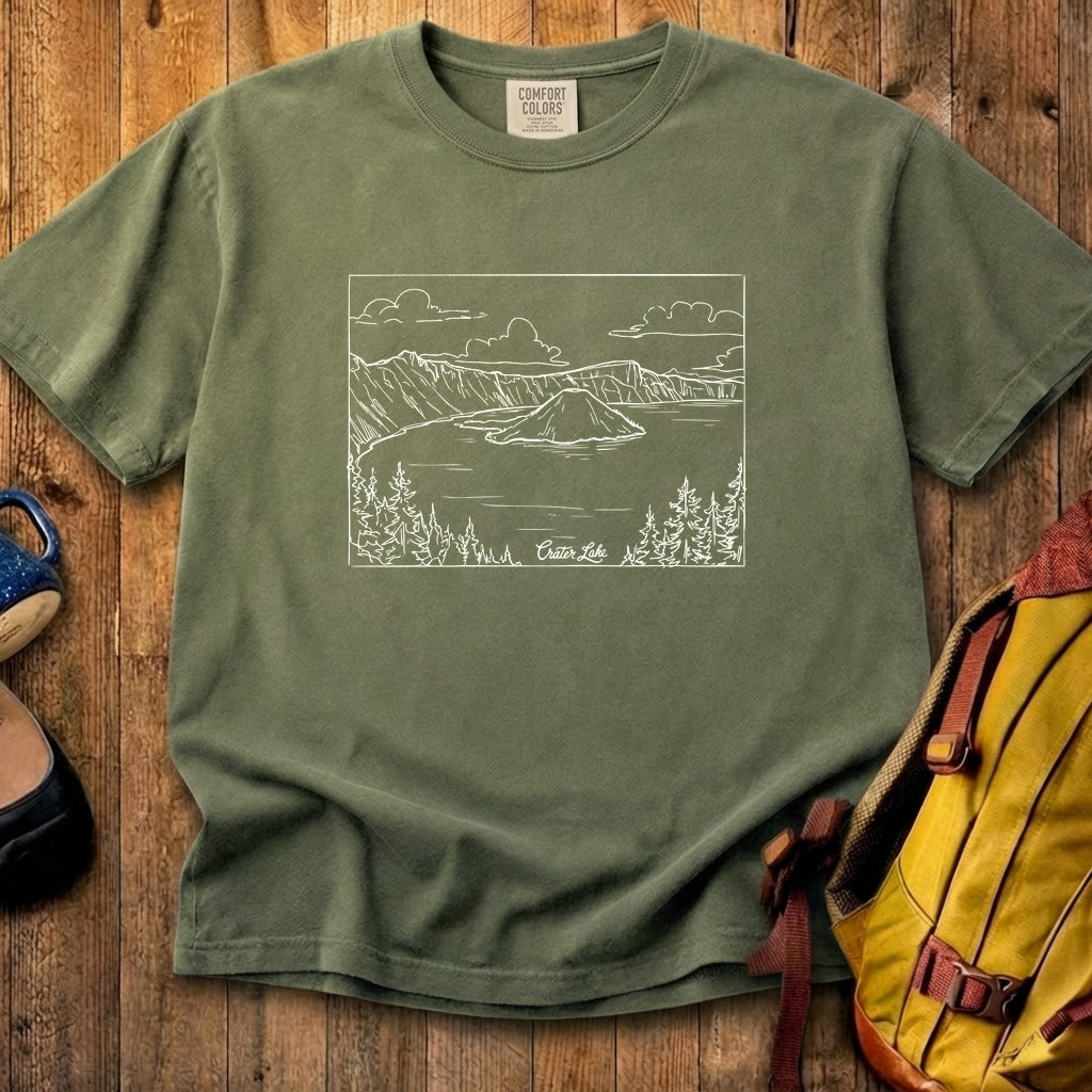 Crater Lake Line Drawing Cotton T-Shirt