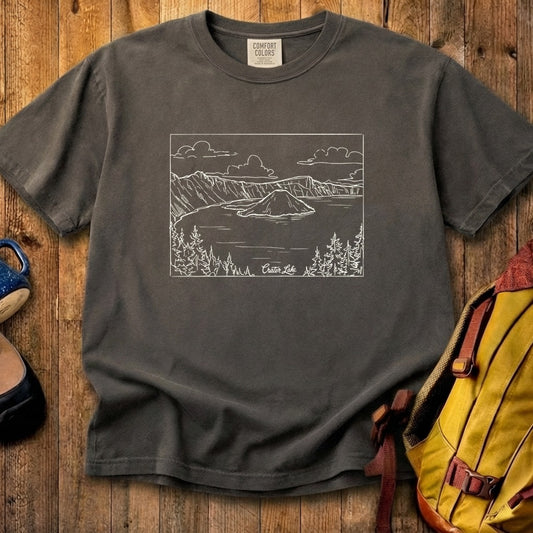 Crater Lake Line Drawing Cotton T-Shirt