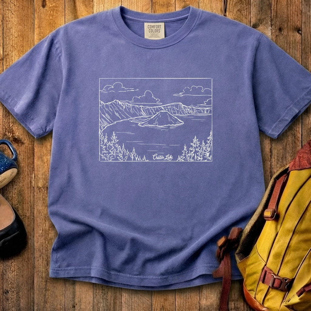 Crater Lake Line Drawing Cotton T-Shirt