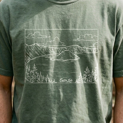 Crater Lake Line Drawing Cotton T-Shirt