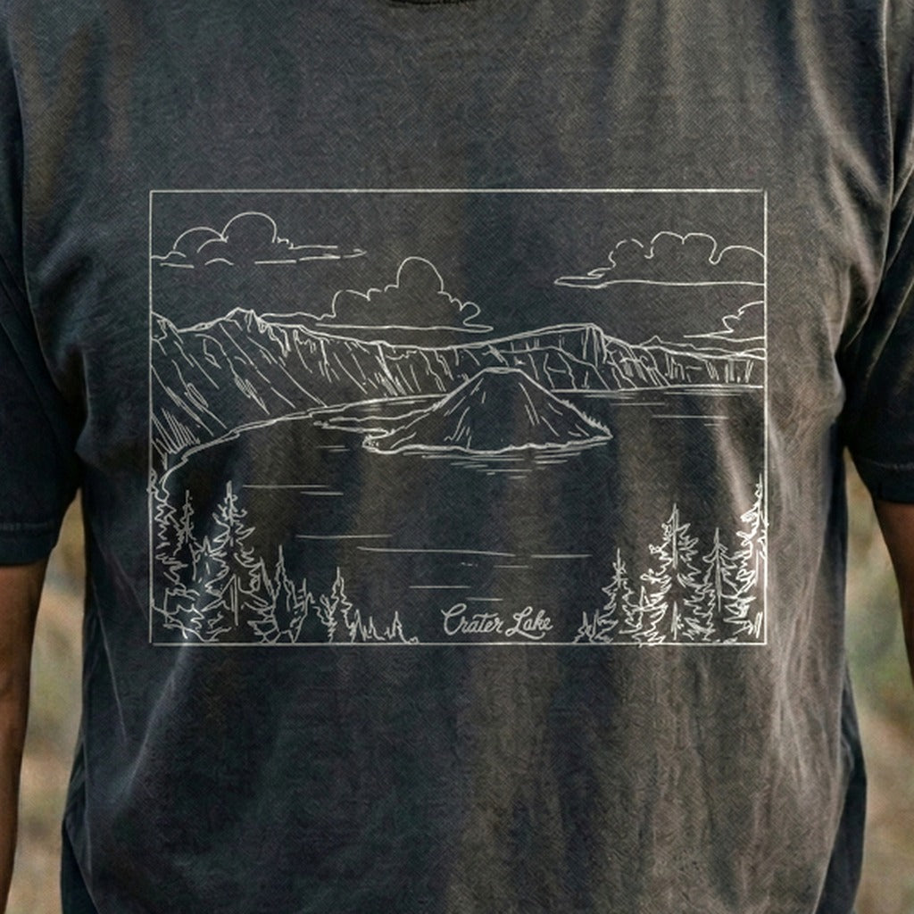 Crater Lake Line Drawing Cotton T-Shirt