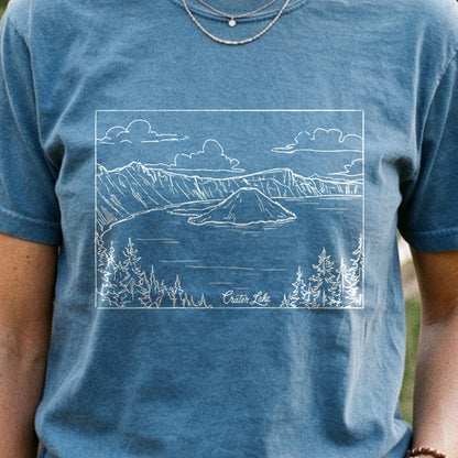 Crater Lake Line Drawing Cotton T-Shirt