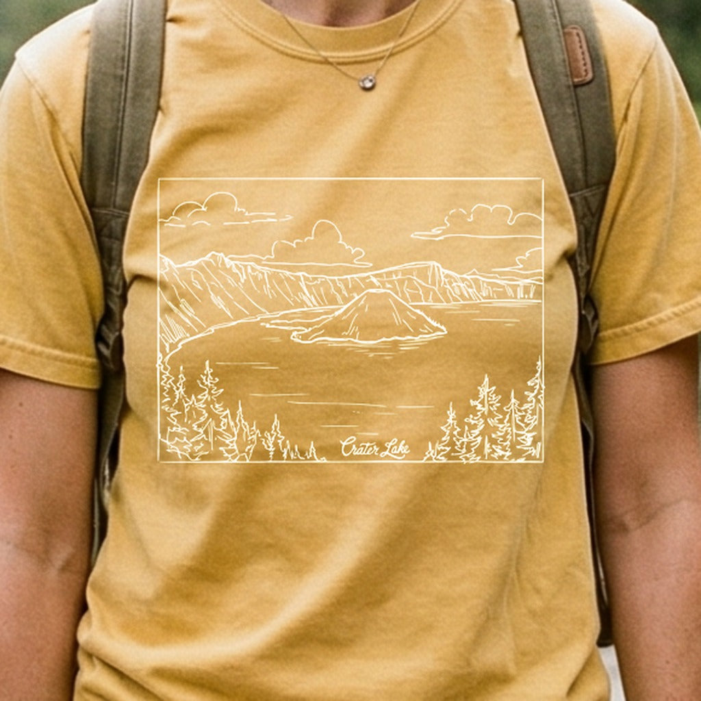 Crater Lake Line Drawing Cotton T-Shirt