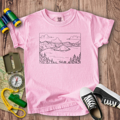 Crater Lake Line Drawing Kids Cotton T-Shirt
