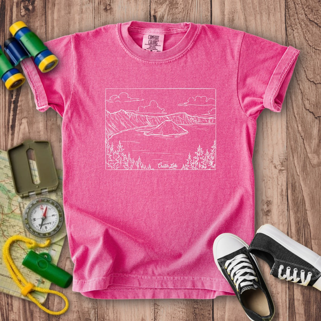 Crater Lake Line Drawing Kids Cotton T-Shirt
