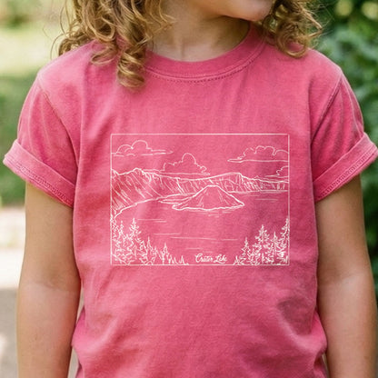 Crater Lake Line Drawing Kids Cotton T-Shirt